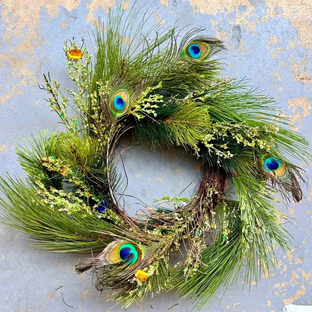 17” PEACOCK FEATHER Maximalist Wreath w Gems & Crystals on Grapevine Ring Base